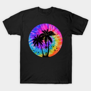 Tie Dye Palm Tree Beach Scene: Trippy Hippie Boho Tropical Pink Rainbow Neon Colors T-Shirt